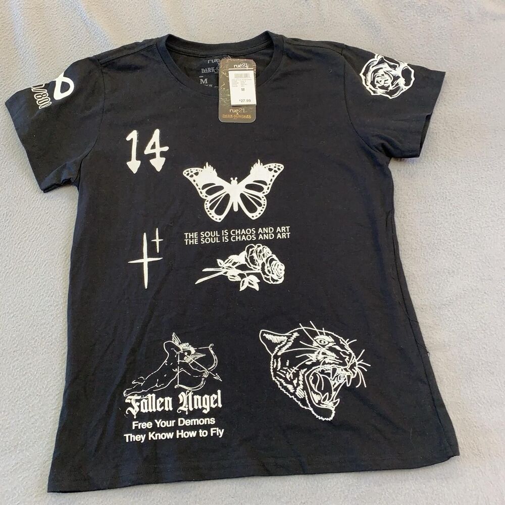 Rue21 Shirt Mens Medium Black Dark Sundaze Fallen Angel Graphic Goth Tee